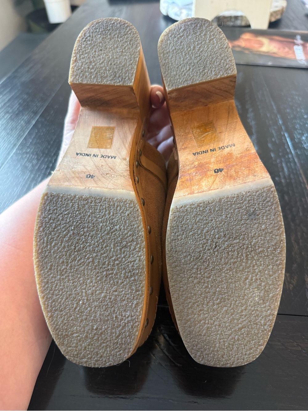 Free People Calabasas Tan Suede Clog Mules with Studded Wood Heel - Picture 4 of 5